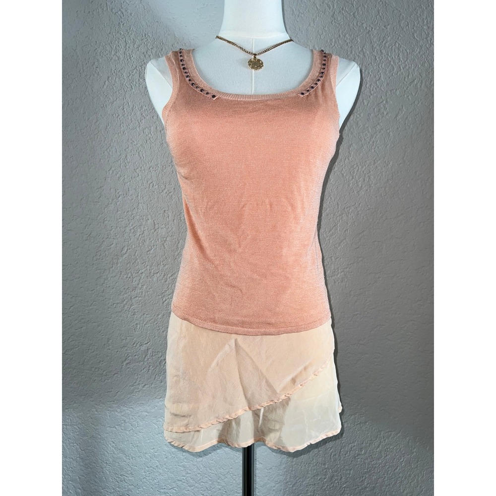 Per Se Peach Shimmer Knit Rhinestone Tank Top Layering Cami Balletcore XS